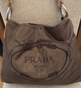 PRADA Medium Brown Nylon Fabric Large Logo Leather Trim Shoulder Bag RARE - Picture 1 of 21
