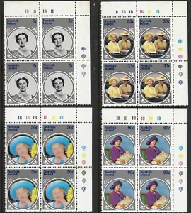 1985 Norfolk British Royalty Corner Blocks Set 5c/33c/50c/90c Queen's Mum Stamps - Picture 1 of 1