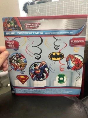 JUSTICE LEAGUE HANGING SWIRL DECORATIONS (12) ~ Birthday Party Supplies Foil New - Image 1 of 2
