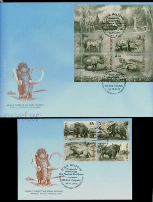 2010 Mammoth,Cave Lion,Rhino,Prehistoric,Lost animals,Moldova,Mi.719,Bl.51,FDC - Image 1 of 3