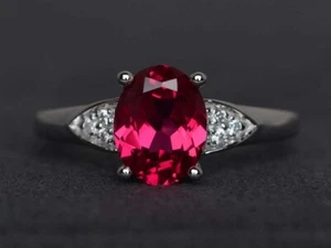 Pink Ruby Women Ring Oval Lab Created Gemstone 925 Sterling Silver Minimal Ring - Picture 1 of 4