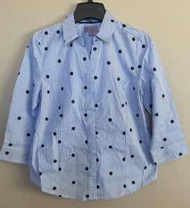 NEW Laura Scott Womens Stripped Polka Dots 3/4 Sleeves Button Front Shirt Blue M - Picture 1 of 6