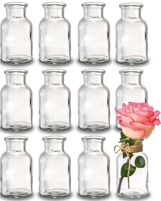 12 Mini Glasvasen 10cm Deko Blumen Vase Flasche Hochzeit klein Väschen Set Rund - Bild 1 von 4