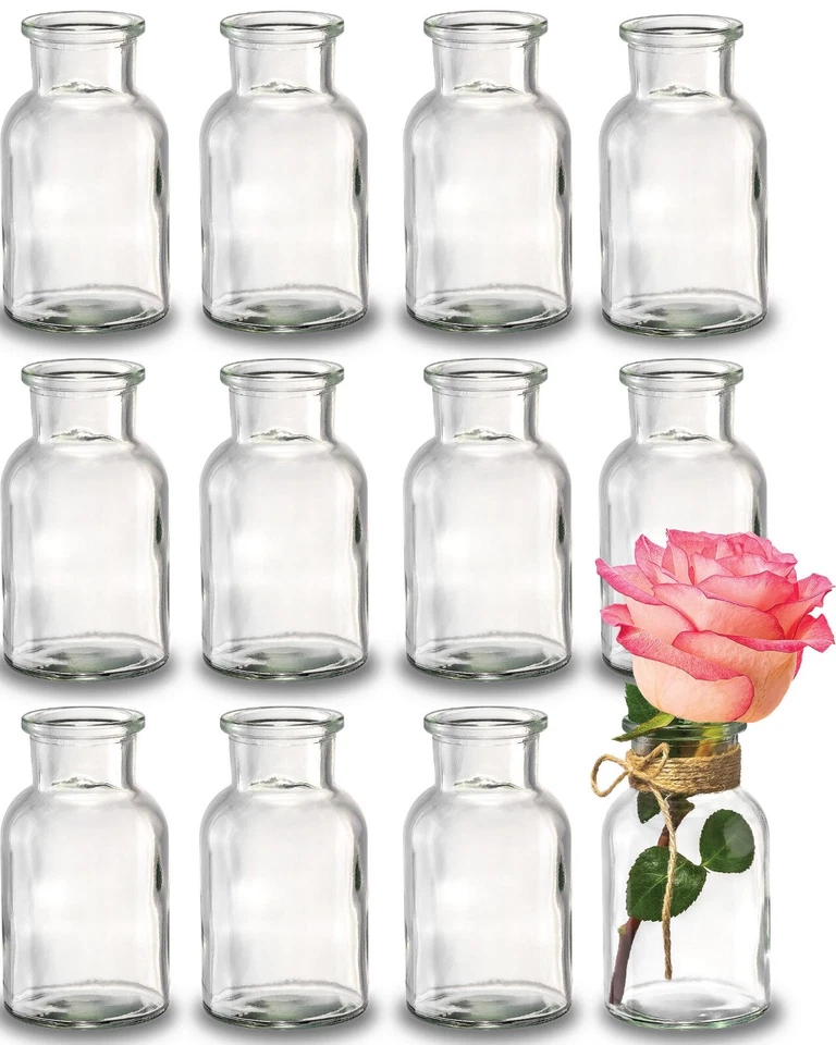 12 Mini Glasvasen 10cm Deko Blumen Vase Flasche Hochzeit klein Väschen Set Rund - Bild 1 von 4