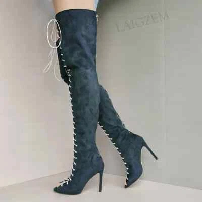 Mujeres Botas hasta el muslo Imitación Gamuza Punta abierta Ancho Pantorrilla Amigable Tacones Altos Botas Foto 1 de 4