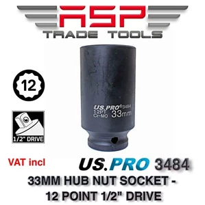 1/2" Drive 33mm Deep Impact Socket 12 Point HUB NUT US PRO 3424 - Picture 1 of 3