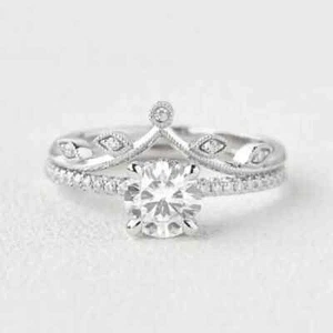 14k White Gold Plated 2Ct Round Cut Real Moissanite Engagement Bridal Ring Set - Picture 1 of 5