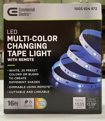 Luz de cinta cambiante LED multicolor eléctrica comercial de 16 pies con control remoto nueva en caja Foto 1 de 4