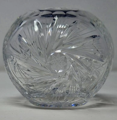 Crystal Cut Glass Globe Shaped Bowl Vase Etched Pinwheel Pattern Bohemian  - Image 1 of 4
