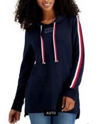 Толстовка с капюшоном Tommy Hilfiger длинная с надписью махровая темно-синяя размер: XL - Изображение 1 из 4