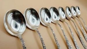 S Kirk REPOUSSE Sterling Silver Soup Spoons Set Of 8 6 1/8” Grandmothers - Picture 1 of 8