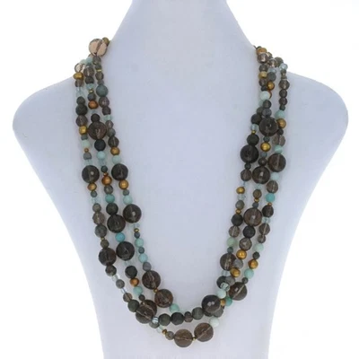 Yellow Gold Labradorite Quartz Pearl Triple Strand Bead Necklace 14k Adjustable - Image 1 of 4
