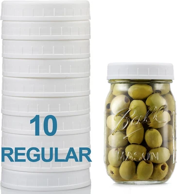 Paquete de 10 tapas de tarro de albañil bucal REGULAR AOZITA para bola, Kerr y más - plástico blanco Foto 1 de 4