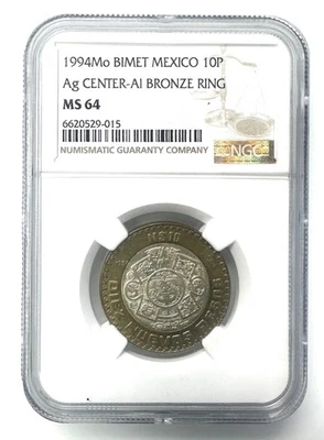 1994Mo BIMET MEXICO 10 Pesos Ag CENTER-AI BRONZE RING MS64 NGC - Image 1 of 2
