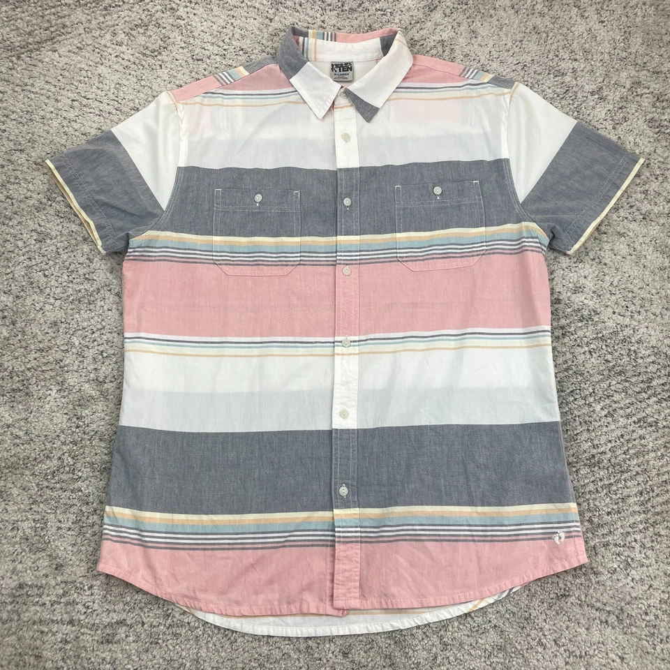 Hang Ten Shirt Men XL Button Short Sleeve Logo Embroidered Pastel Stripe Pockets - Image 1 of 4