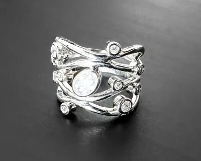 Elegant Unique Wrap Wavy White Lab-Created Sapphire Sterling Silver Plated Ring - Image 1 of 4