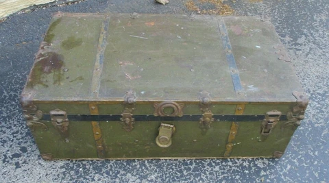 Vintage Green Metal & Wood Travel Storage Chest Trunk coffee table top restore Cover