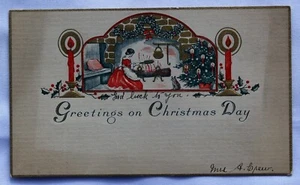Tarjeta vintage; saludos el día de Navidad; dama sentada en chimenea - Imagen 1 de 2