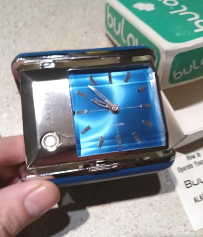 Rare VINTAGE BULOVA LITE-ALARM TRAVEL CLOCK Blue Silver lighted WORKING with box Cover