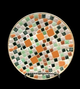 Mcm Mosaic Tile Trinket Dish With Gold Metal Back & Orange Green Brown - Picture 1 of 9