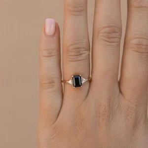 Natural Black Emerald Cut Onyx Ring 925 Sterling Silver Black Gemstone Onyx Ring - Picture 1 of 6