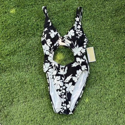 New Michael Kors Floral Cut Out One Piece Swimsuit Monokini Black White Size 10 - Image 1 of 4