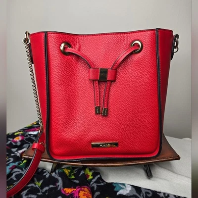 DUNE LONDON Vegan Leather Red Crossbody Bucket Bag with Gold Hardware Accents - Image 1 of 4