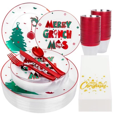 210件装透明绿色怪物塑料盘子一次性圣诞餐具套装... — 第 1/4 张图片