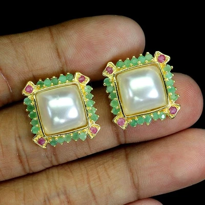 925 Sterling Silver Earrings Round Emerald Ruby Pearl Natural Gemstone Jewelry - Image 1 of 4