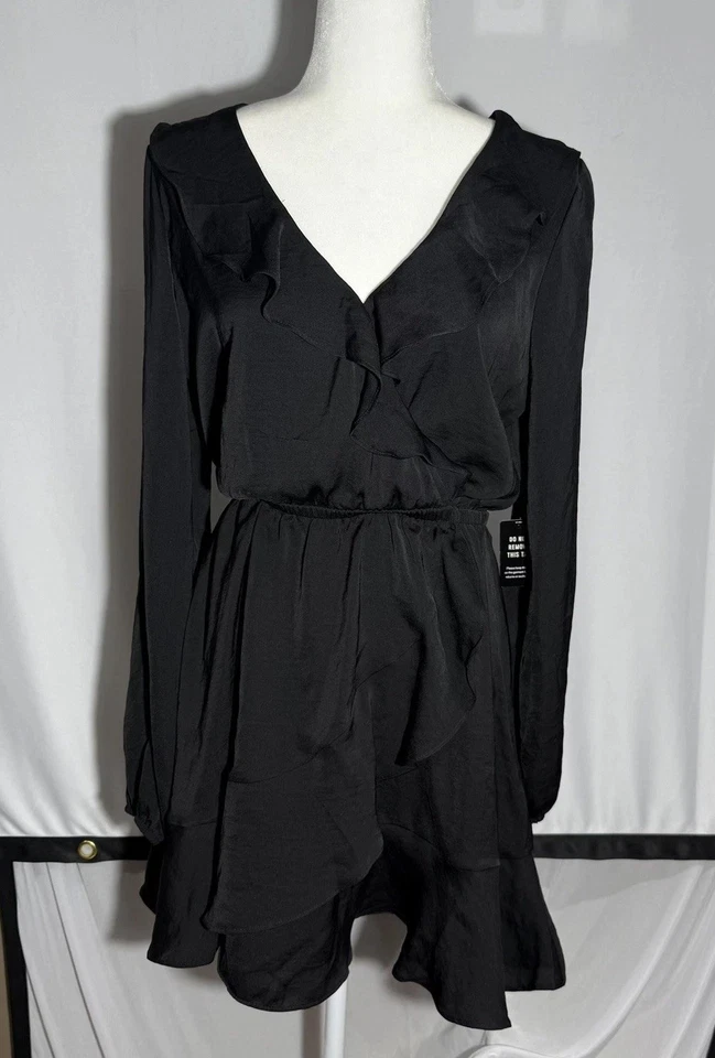 Express NWT Black long sleeve Satin faux wrap ruffle dress Med Party Holiday - Image 1 of 4