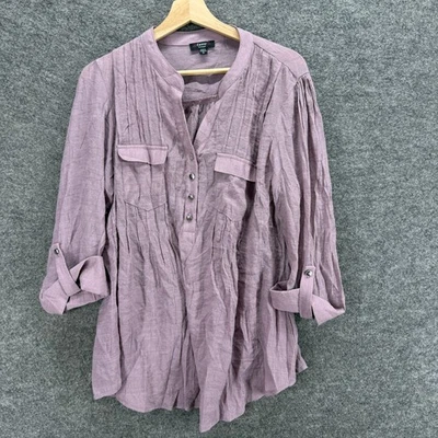 Blusa Cocomo Mujer 1X Plus Púrpura Cuello en V 1/2 Botón Manga 3/4 Bolsillos Informal Foto 1 de 4