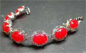 Yellow Gold Plate Red JADE Cabochon Bead Beads Bangle Bracelet 101030 - Picture 1 of 6