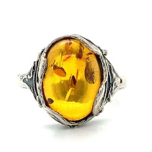 Vintage Signed 925 Sterling Art Nouveau Natural Baltic Amber Stone Ring Band 8 - Picture 1 of 7