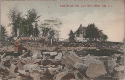 Jersey City, NJ: Boat House, New York Bay vtg Hudson County, New Jersey Postcard - Image 1 of 2