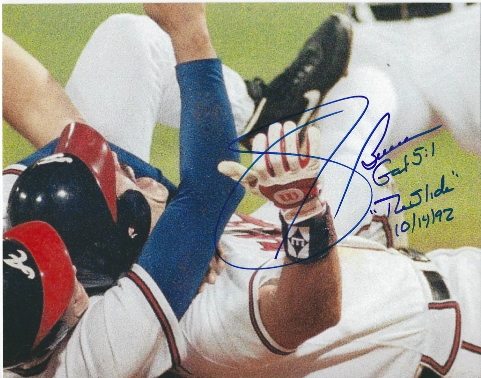 Foto firmada por SID BREAM de 8 x 10 ATLANTA BRAVES de béisbol THE SLIDE Serie Mundial MLB Foto 1 de 1