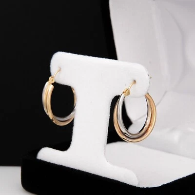 14K Two Tone Gold Twisted Hoop Earrings Yellow & White Polished Gold Round Hoop - Image 1 of 4