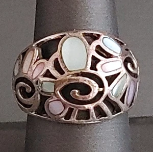 Sterling Silver MOP Shell Inlay Floral Ring Spirals Cut out Pastel Sz 9 9.7 gr - Picture 1 of 7