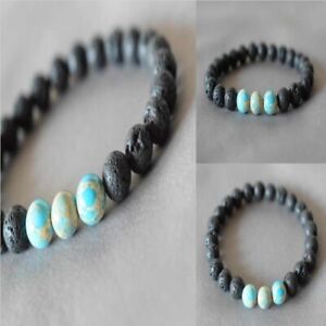Natural 8mm black lava blue turquoise gemstone beads bracelet Men Wrap Trendy