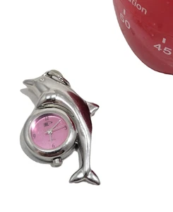 Why Me Miniature Watch Silver Tone Pink Dolphin Analog Quartz Metal Keychain - Picture 1 of 1