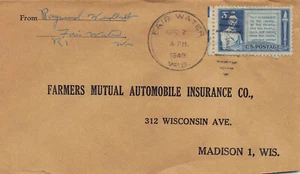Wisconsin Cover 1949 FAIR WATER to Farmers Mutual Auto Ins Madison - Duplex cxl - Picture 1 of 3