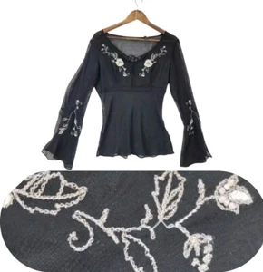 New York & Company Sheer Fairy Baby Doll Y2K Size M Black Whimsigoth Bell Sleeve - Picture 1 of 13