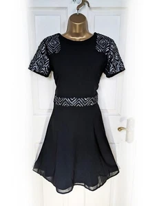 FROCK AND FRILL Black & Silver Studded Sequin Chiffon Fit & Flare Dress, size 10 - Picture 1 of 9