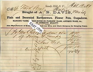 1881 BILLHEAD Sandy Hill New York A. B. DAVIS earthenware flower pots cuspadores - Picture 1 of 1
