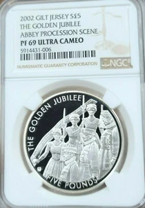 2002 JERSEY SILVER 5 POUNDS ABBEY PROCESSION SCENE NGC PF 69 ULTRA CAMEO  - Picture 1 of 4