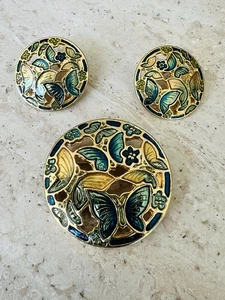 Vintage Gold Tone Enamel Flowers & Butterflies Brooch & Pierced Earrings - Picture 1 of 5