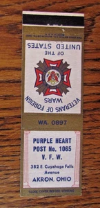 FRATERNAL V.F.W. POST 1065 MATCHBOOK COVER: AKRON, OHIO EMPTY MATCHCOVER -A9 - Picture 1 of 2