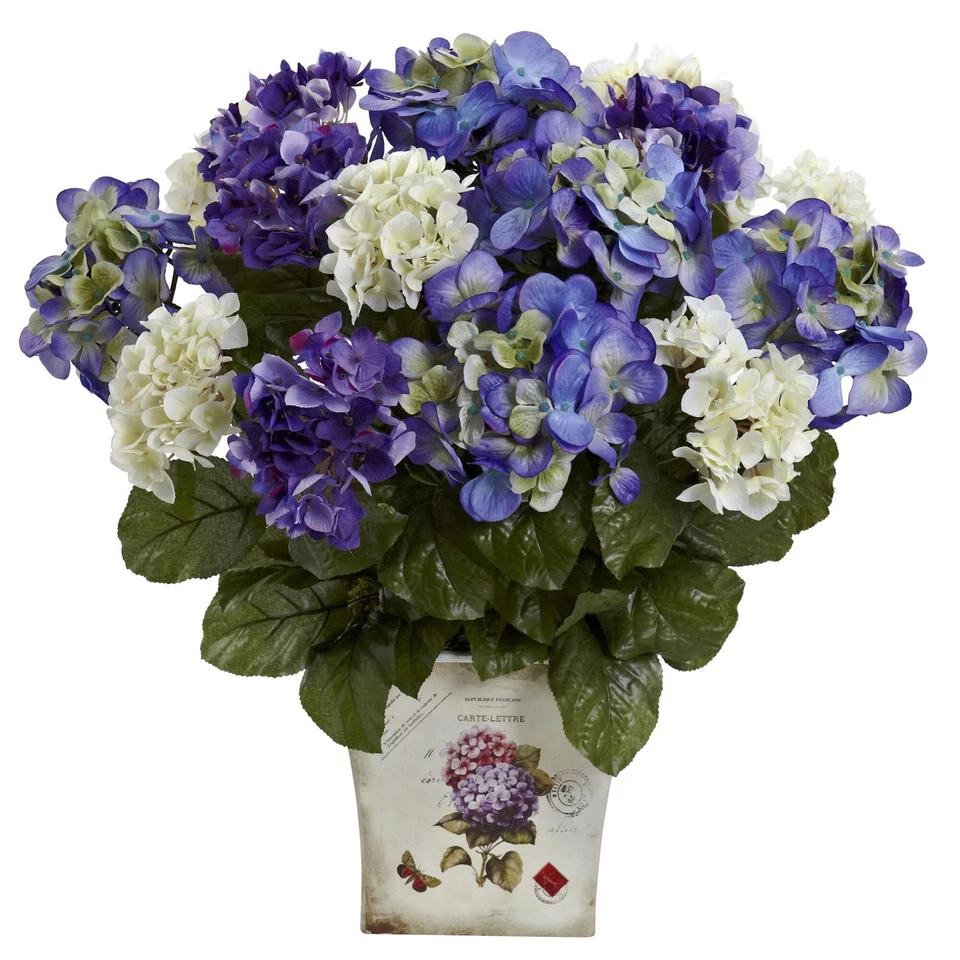 Hortensia azul púrpura blanco con maceta floral decoración del hogar 19" de alto Foto 1 de 1