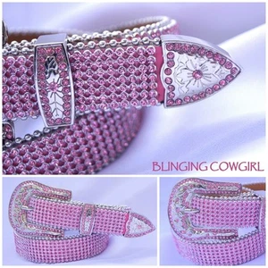 Girls Pink Mesh Leather Bling Cowgirl Belt - Silver Buckle - Pink - Sz 28"& 32" - Picture 1 of 4