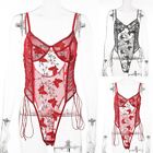Women's Mesh Lace Bodysuit Nightwear with Floral Embroidery and Lace up