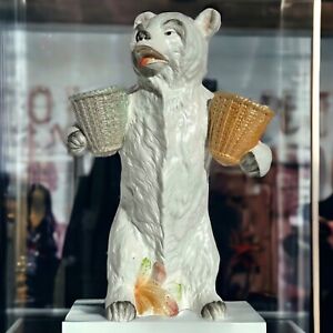 Antique German Heubach 10" Painted Bisque Polar Bear Holding Baskets Figurine